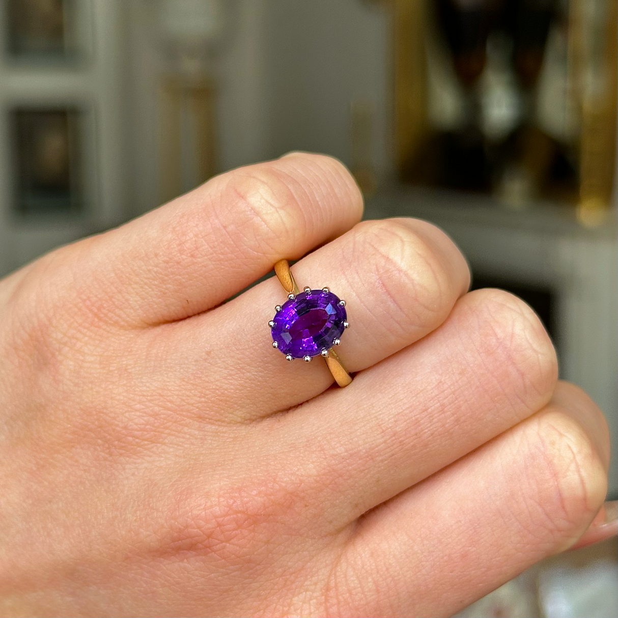 Vintage, 1970s Amethyst Single-Stone Ring, 18ct Yellow Gold and Platinum worn on closed hand.