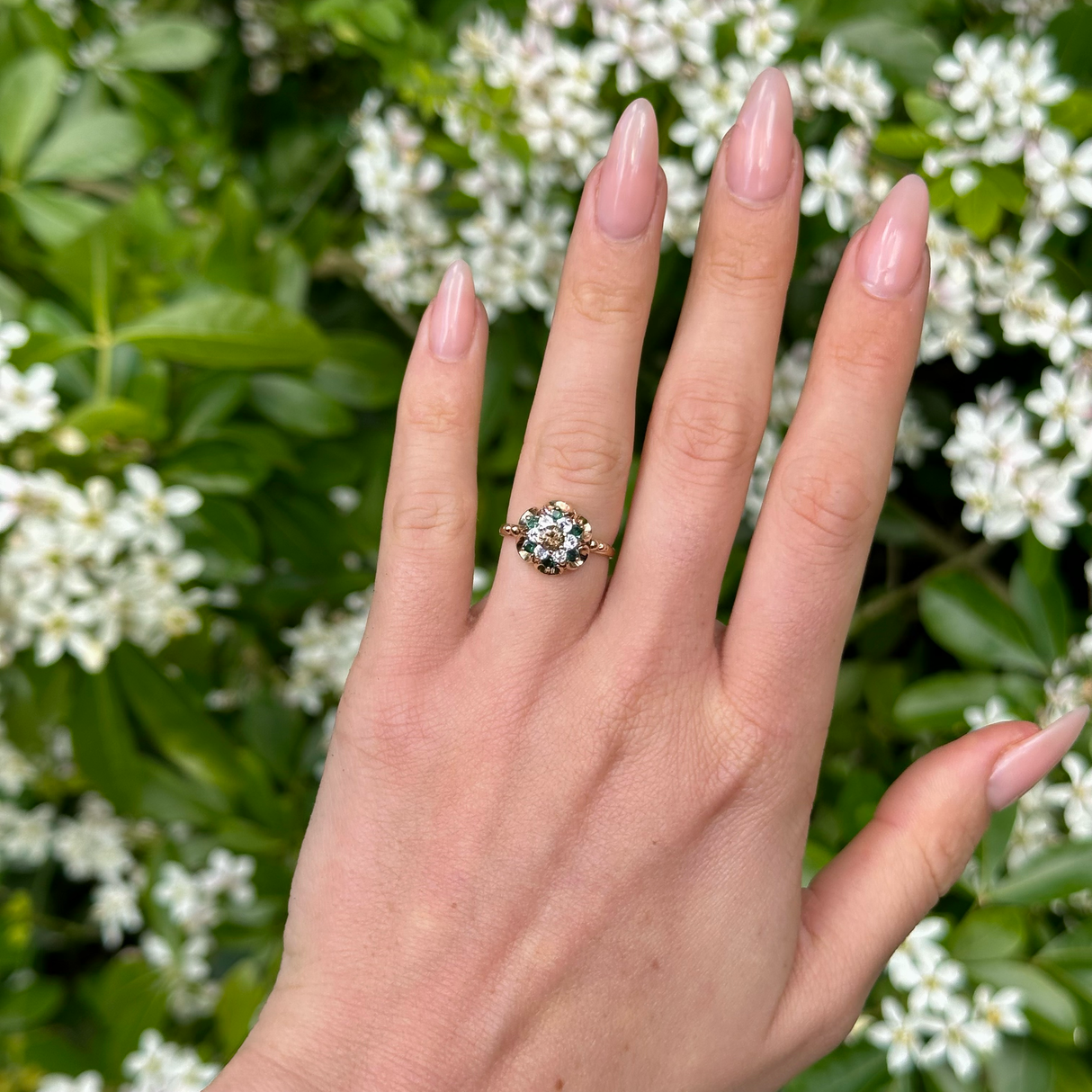 Vintage, 1970s Cognac Diamond, Emerald and White Spinel Ring, 9ct Yellow Gold worn on hand.
