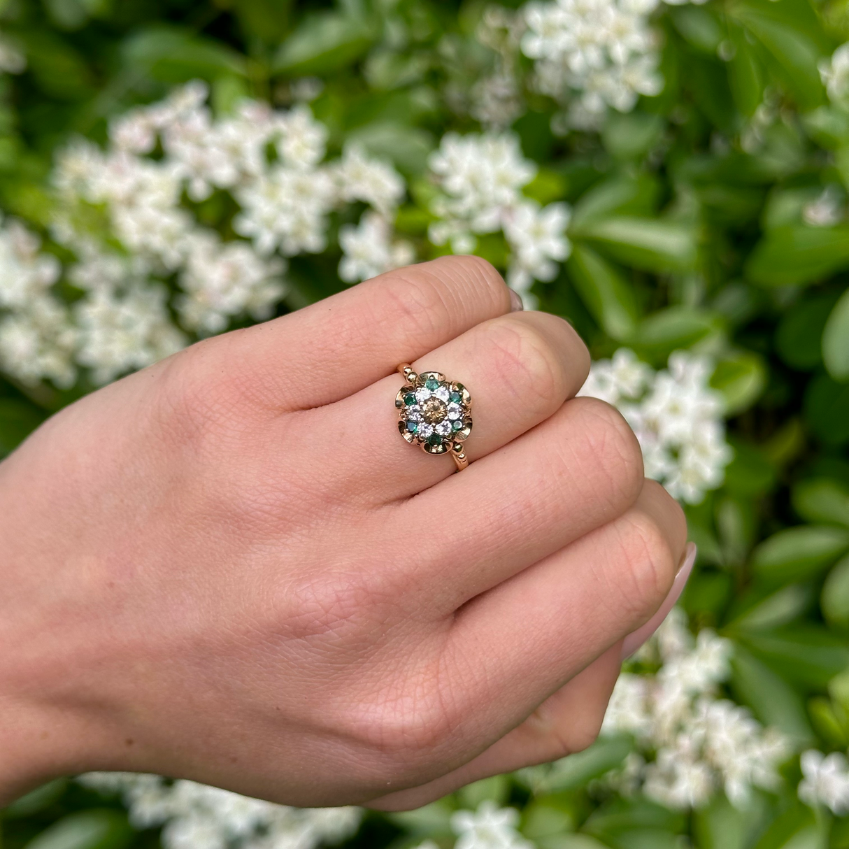 Vintage, 1970s Cognac Diamond, Emerald and White Spinel Ring, 9ct Yellow Gold worn on hand.