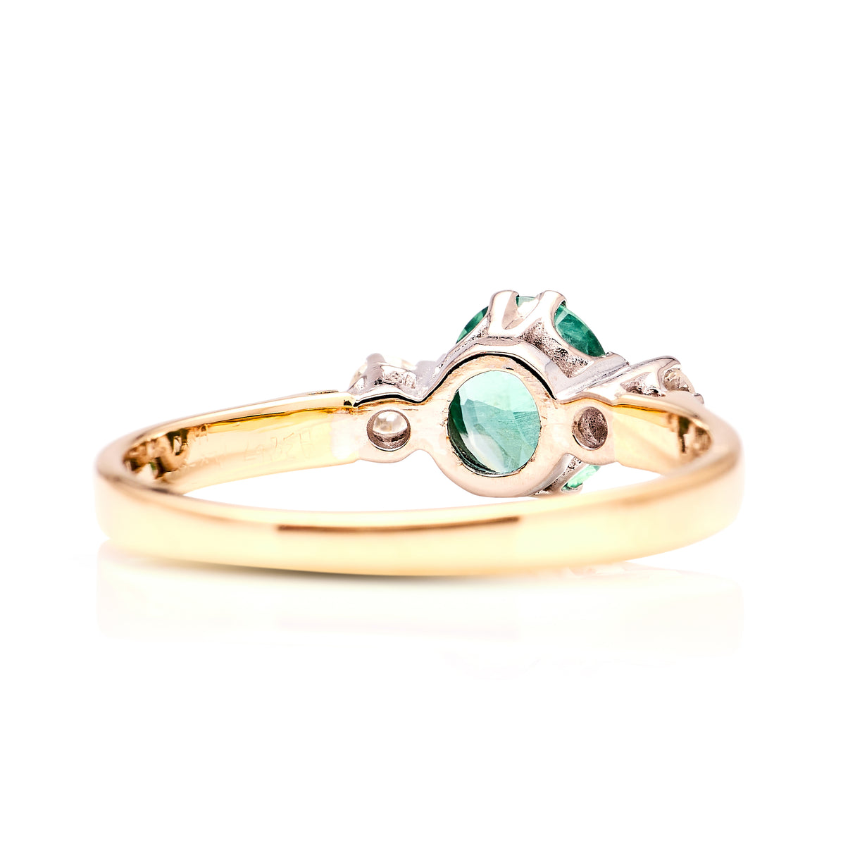 Vintage, 1970s emerald & diamond three-stone ring back view