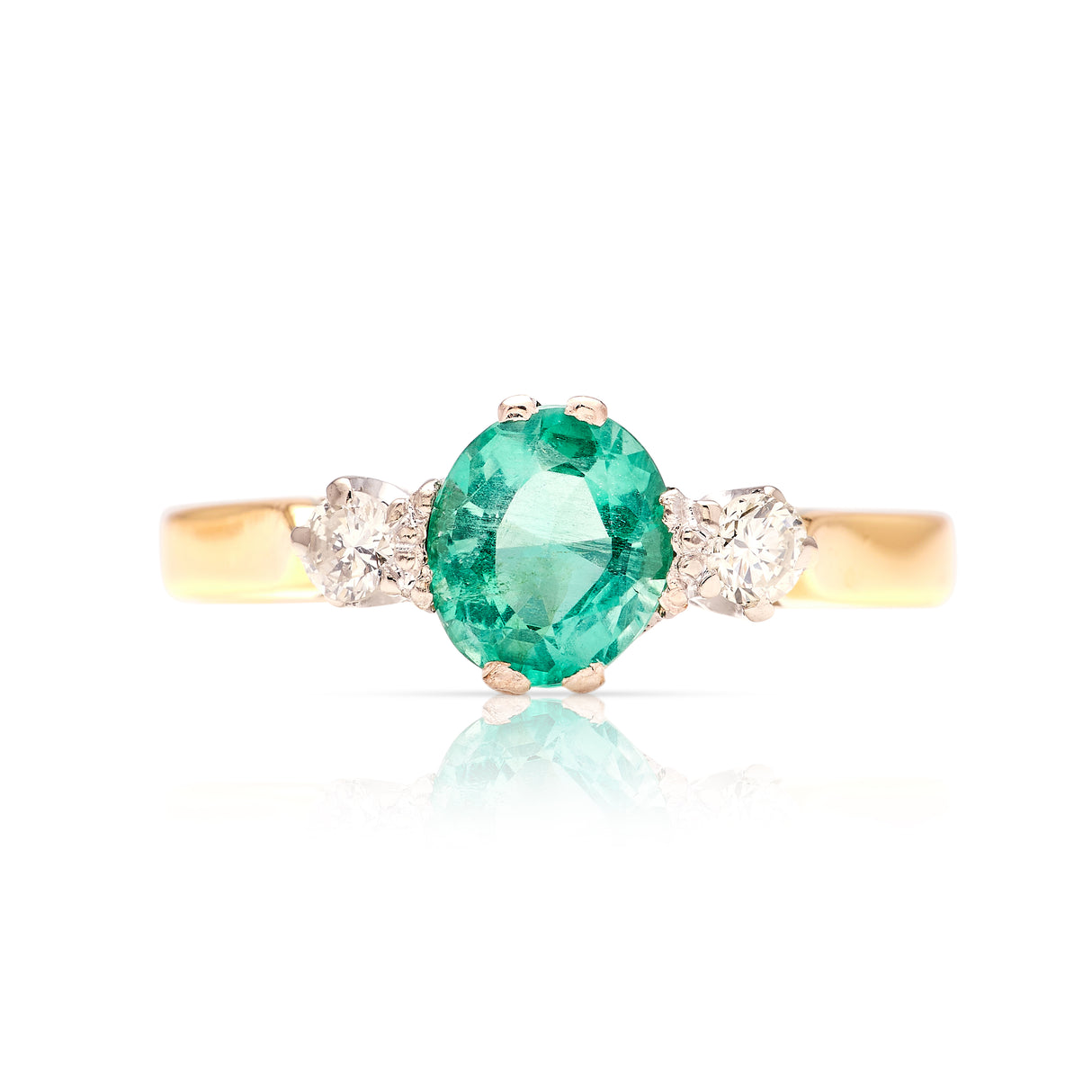 Vintage, 1970s emerald & diamond three-stone ring front view