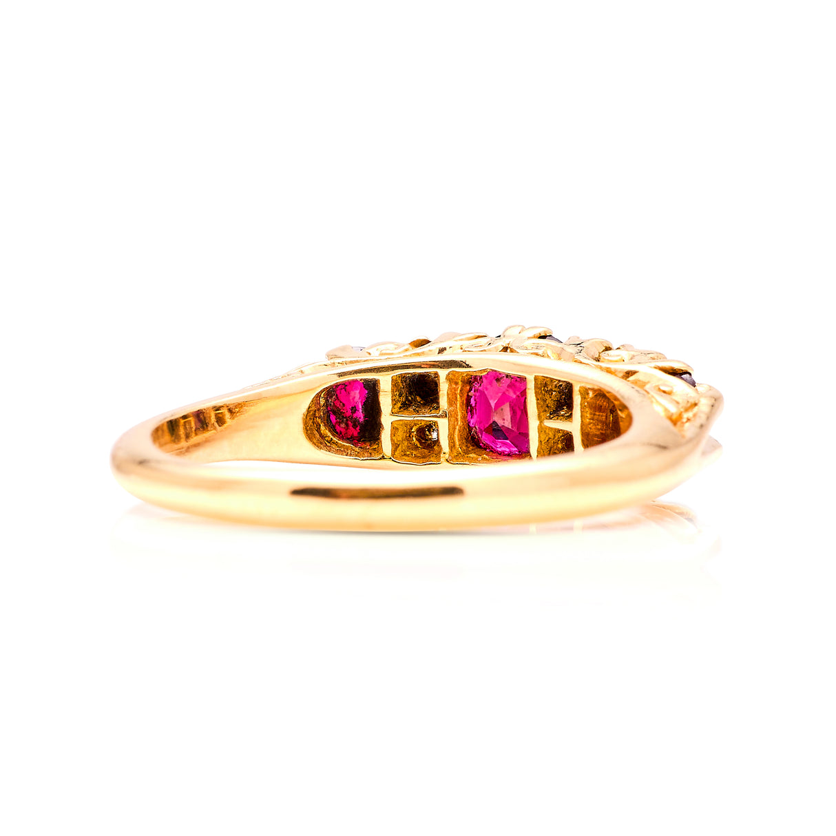 Vintage, 1970s ruby & diamond three-stone ring rear view