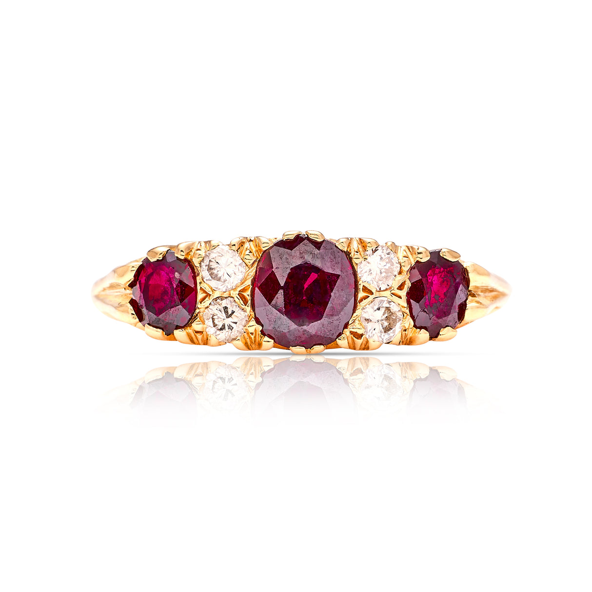 Vintage, 1970s ruby & diamond three-stone ring front view