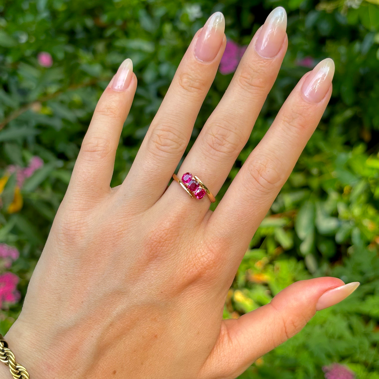 Vintage, 1970s three-stone ruby engagement ring, 18ct yellow gold