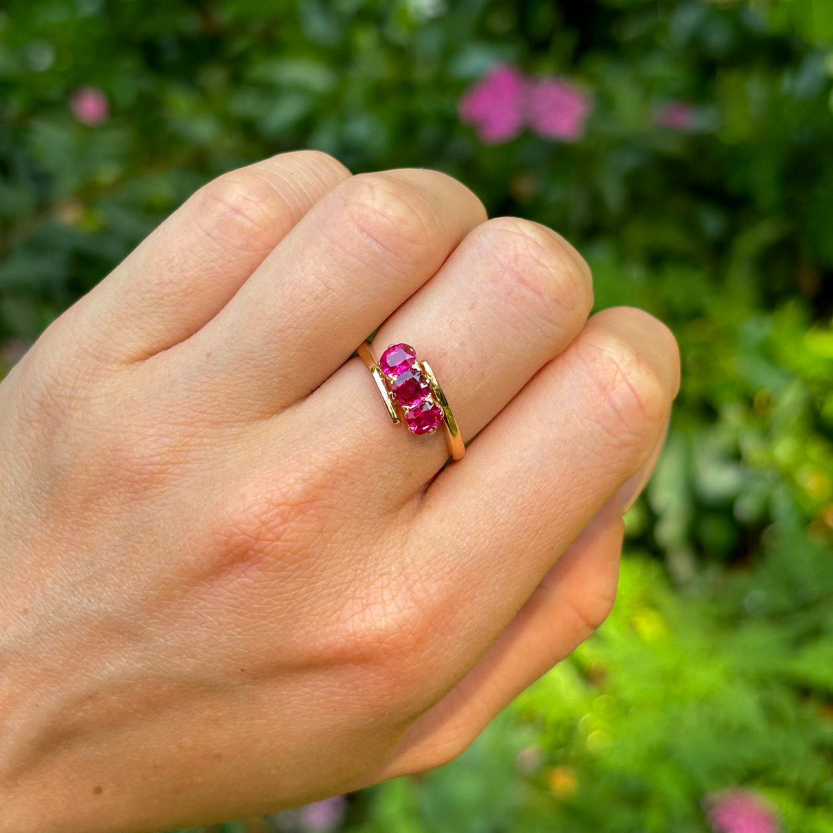 Vintage, 1970s three-stone ruby engagement ring, 18ct yellow gold
