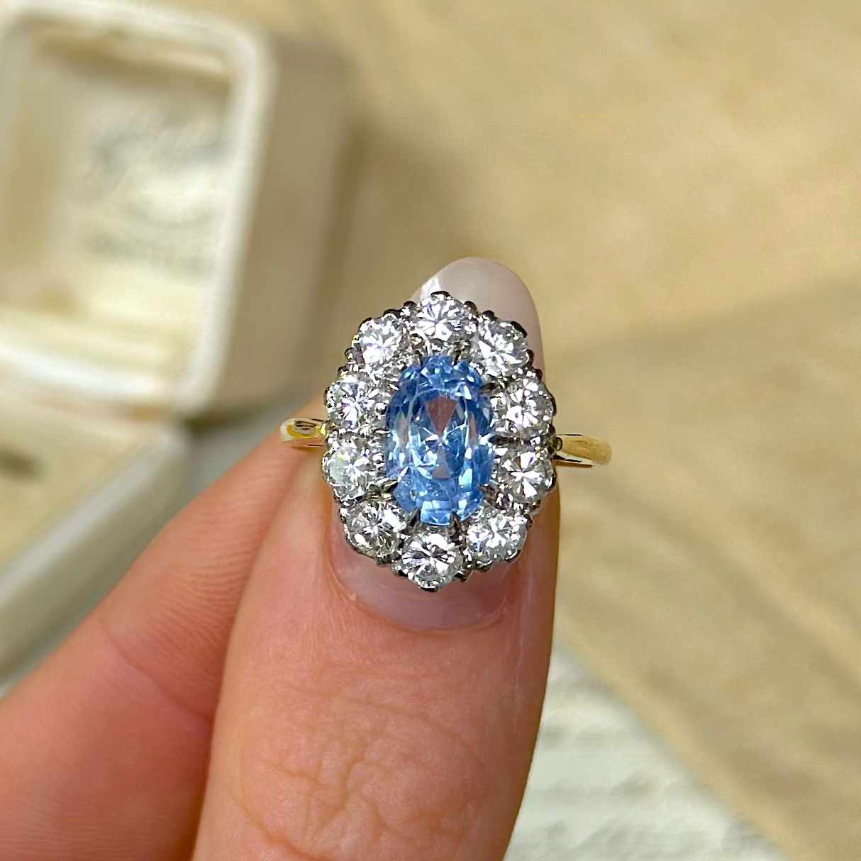Vintage, 1980s Cornflower Blue Sapphire and Diamond Cluster Ring, 14ct Yellow Gold in fingers.
