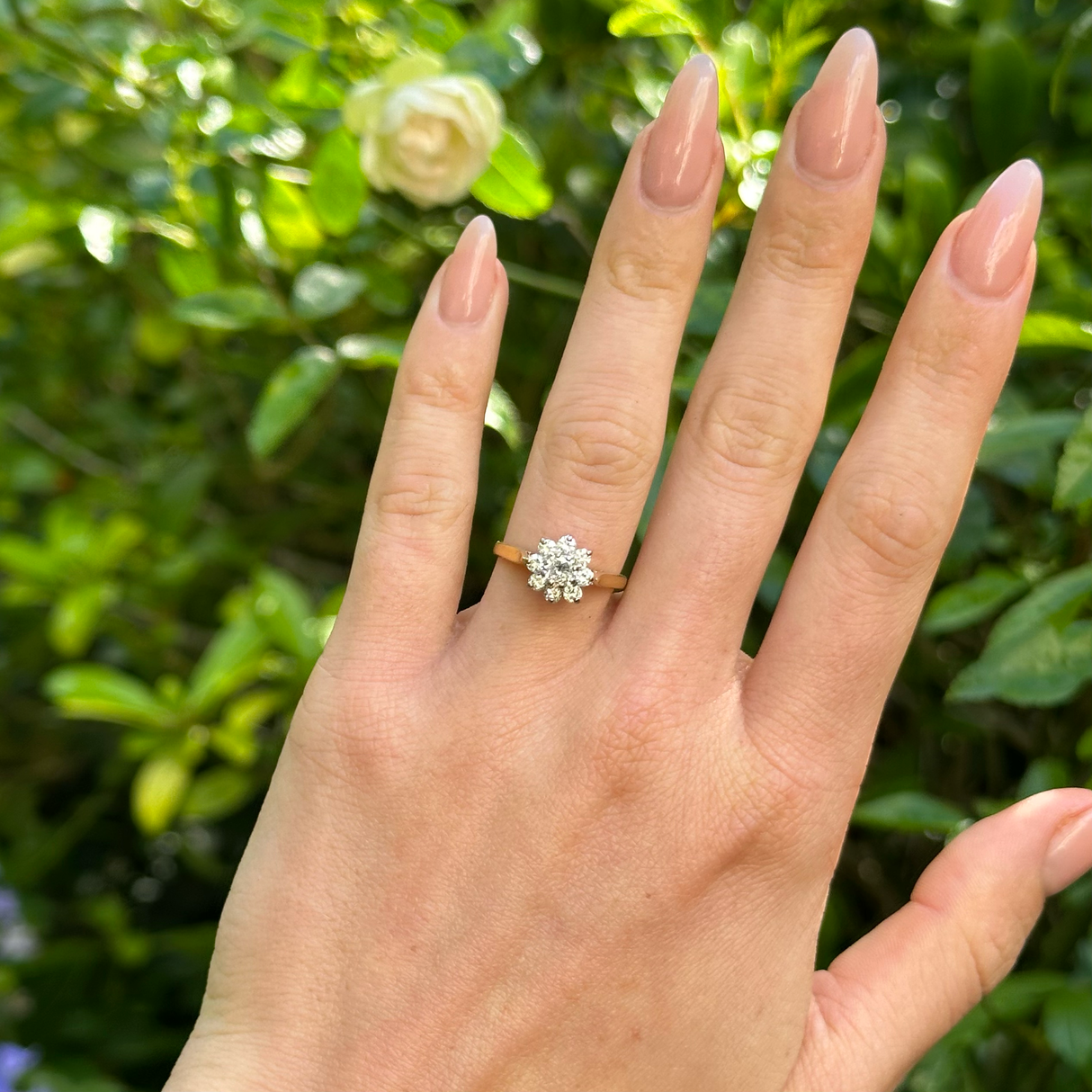 Vintage, 1980s Diamond Cluster Engagement Ring, 18ct Yellow Gold worn on hand.