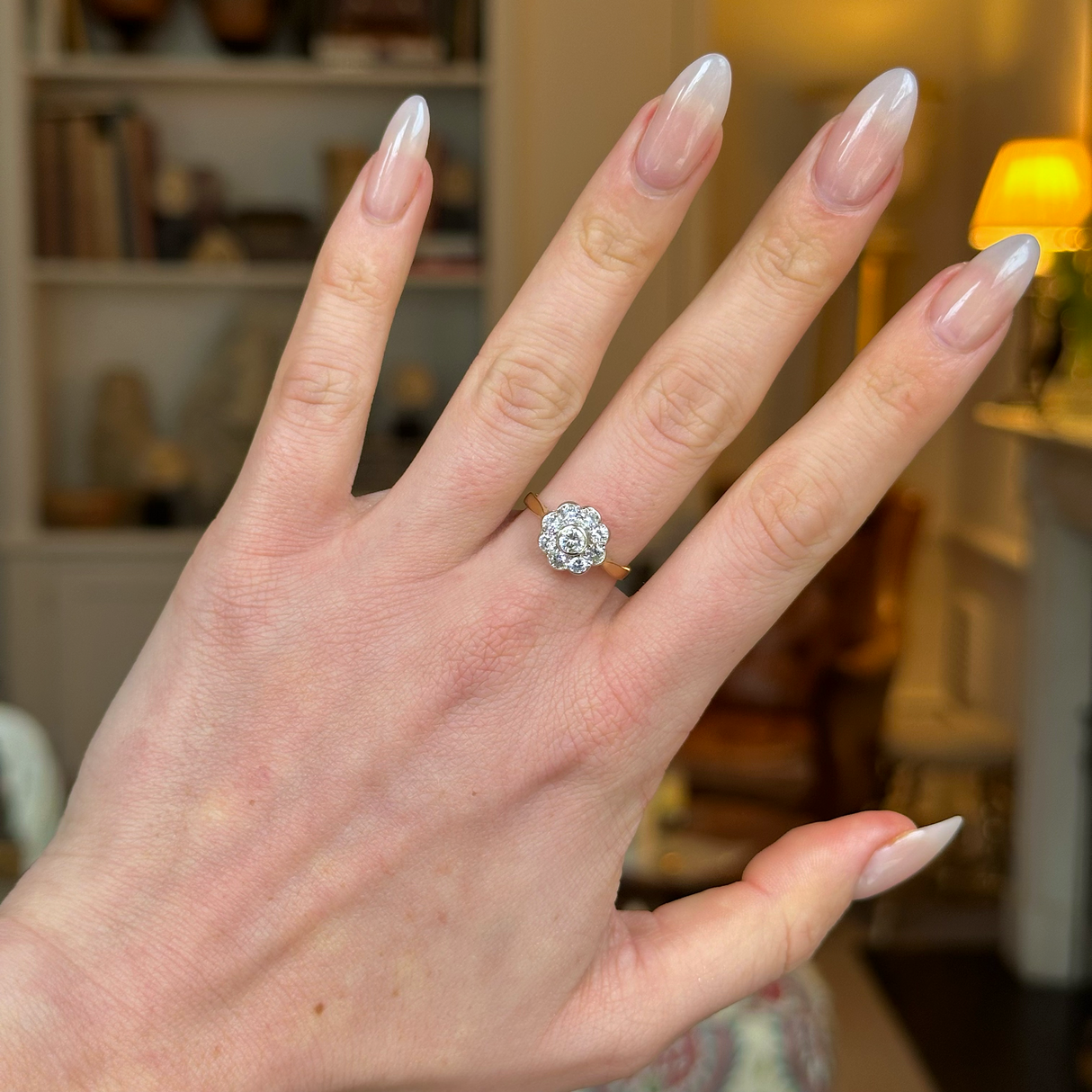 Vintage, 1980s Vintage Diamond Cluster Engagement, 18ct Yellow Gold worn on hand.