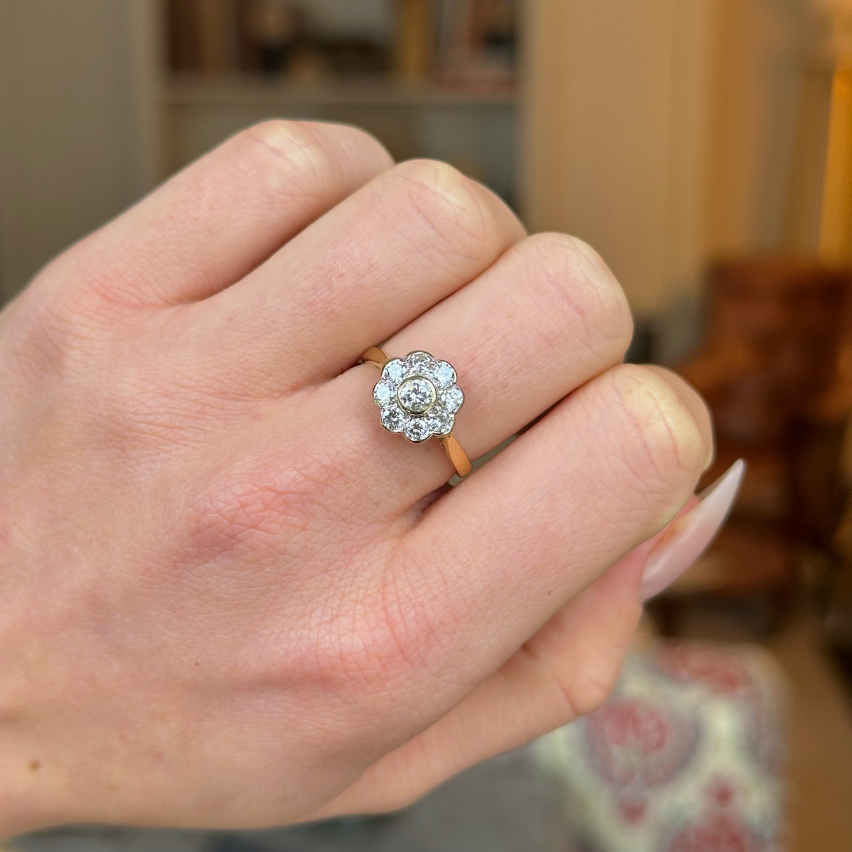 Vintage, 1980s Vintage Diamond Cluster Engagement, 18ct Yellow GoldVintage, 1980s Vintage Diamond Cluster Engagement, 18ct Yellow Gold worn on closed hand.