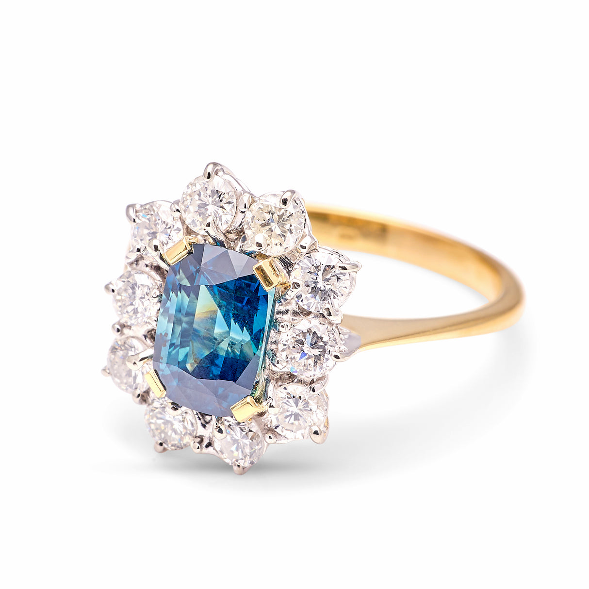 Vintage, 1980s teal sapphire & diamond cluster ring