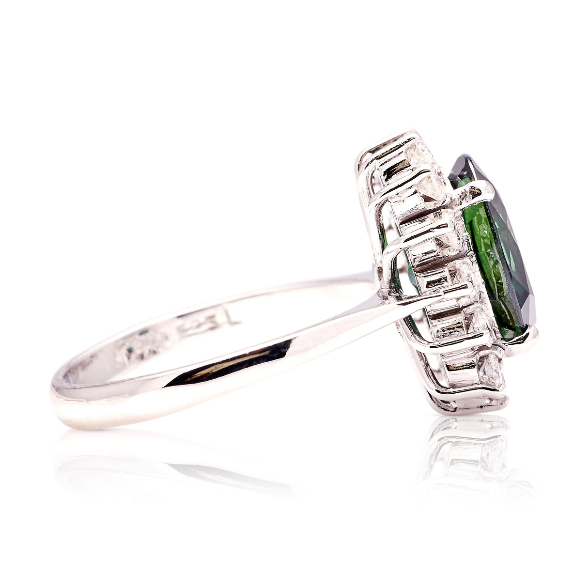 Vintage, 1980s teal sapphire & diamond cluster ring side view