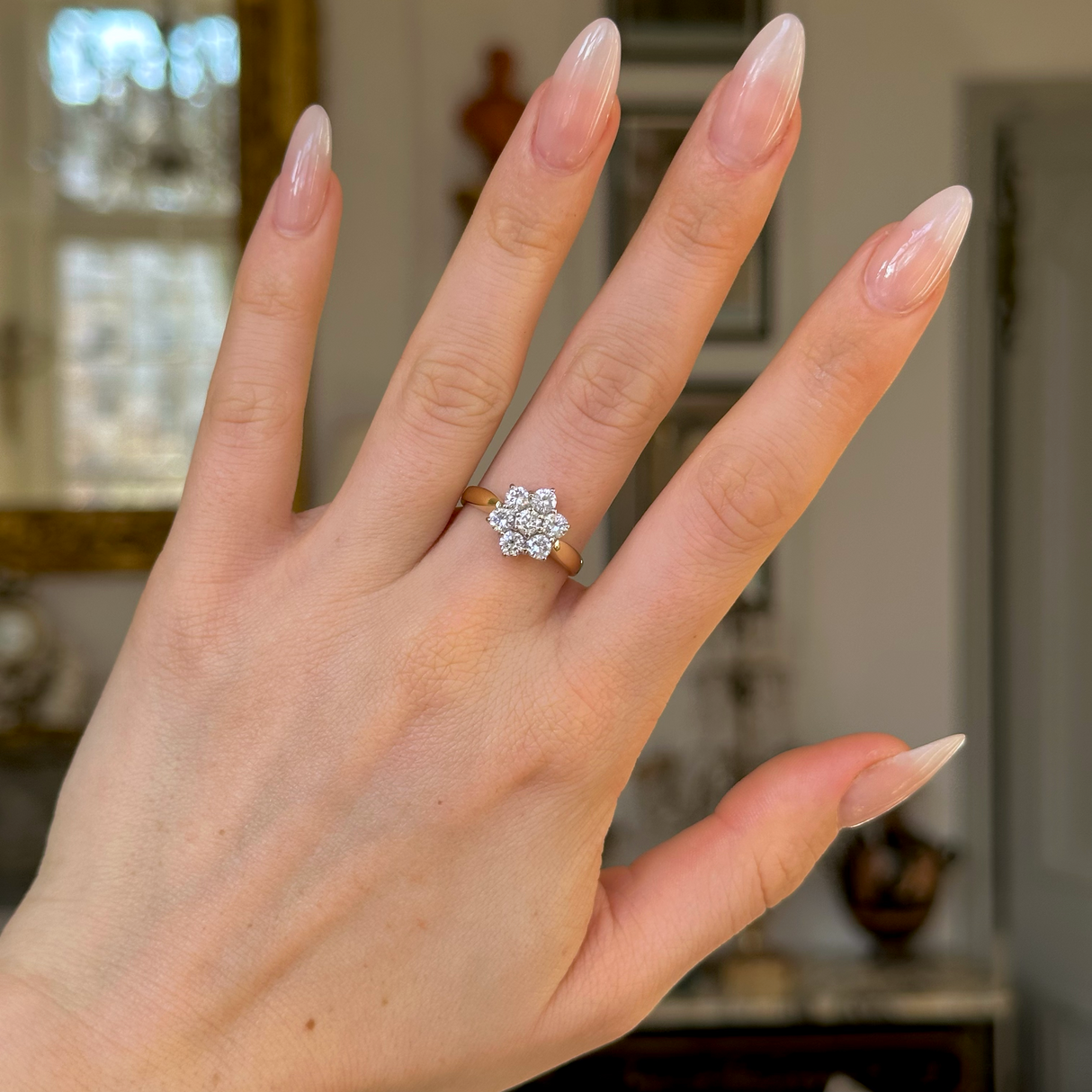 Vintage, 1990s Diamond Cluster Engagement Ring, 18ct Yellow and White Gold worn on hand