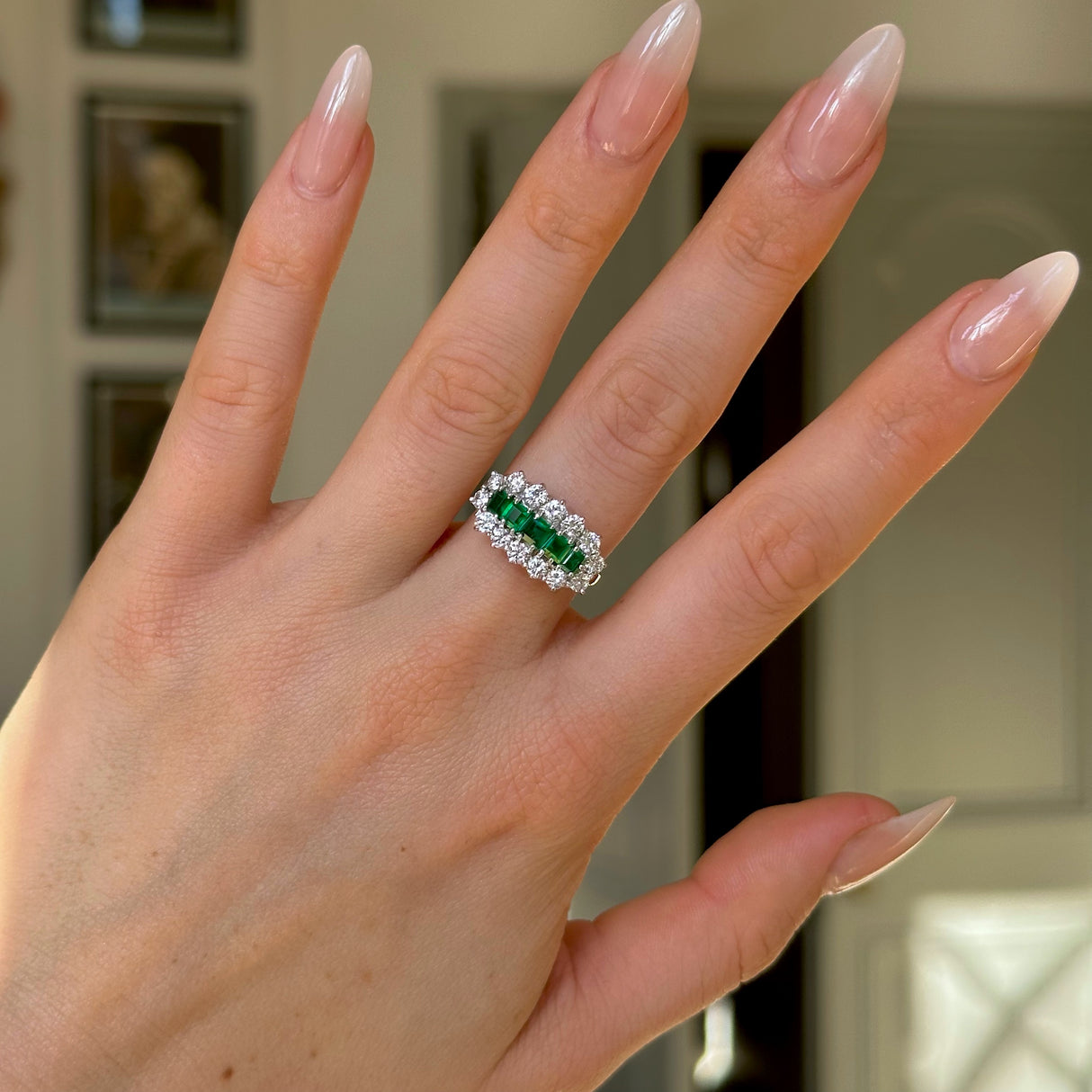 Vintage, 1990s Emerald and Diamond Cluster Ring, 18ct Yellow Gold worn on hand