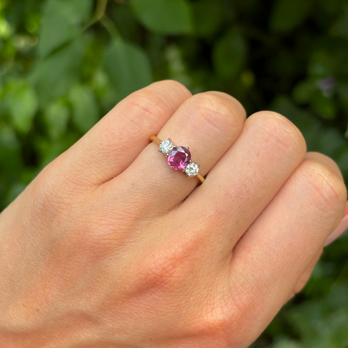 Vintage, 1990s pink sapphire and diamond three-stone ring, 18ct yellow gold and platinum