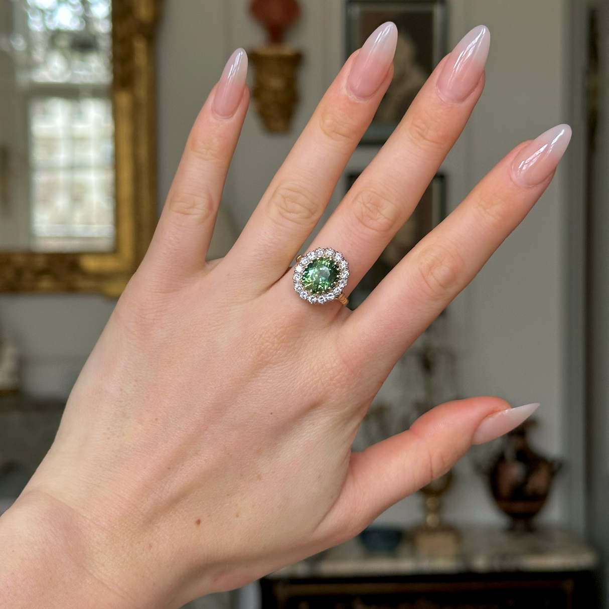 Vintage, 5ct green sapphire & diamond cluster ring