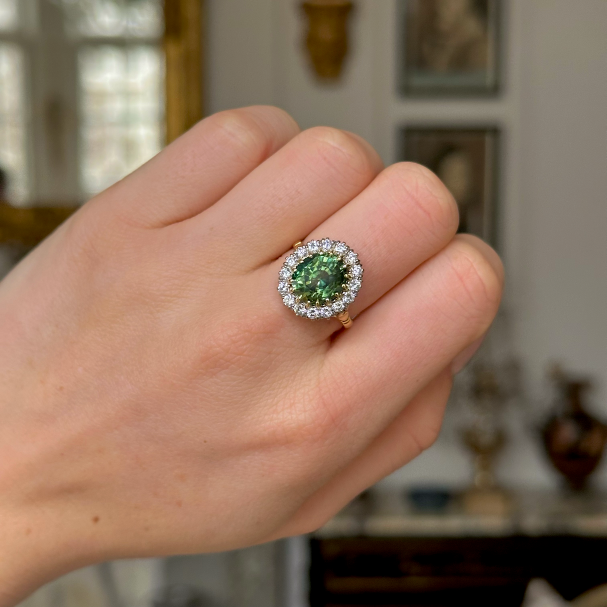 Vintage, 5ct green sapphire & diamond cluster ring