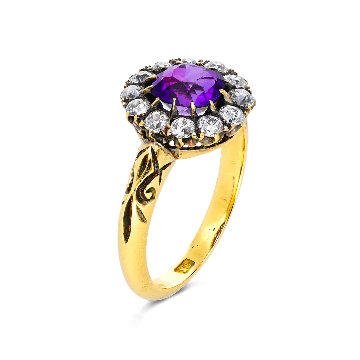 Antique, amethyst and diamond cluster ring, 18ct yellow gold