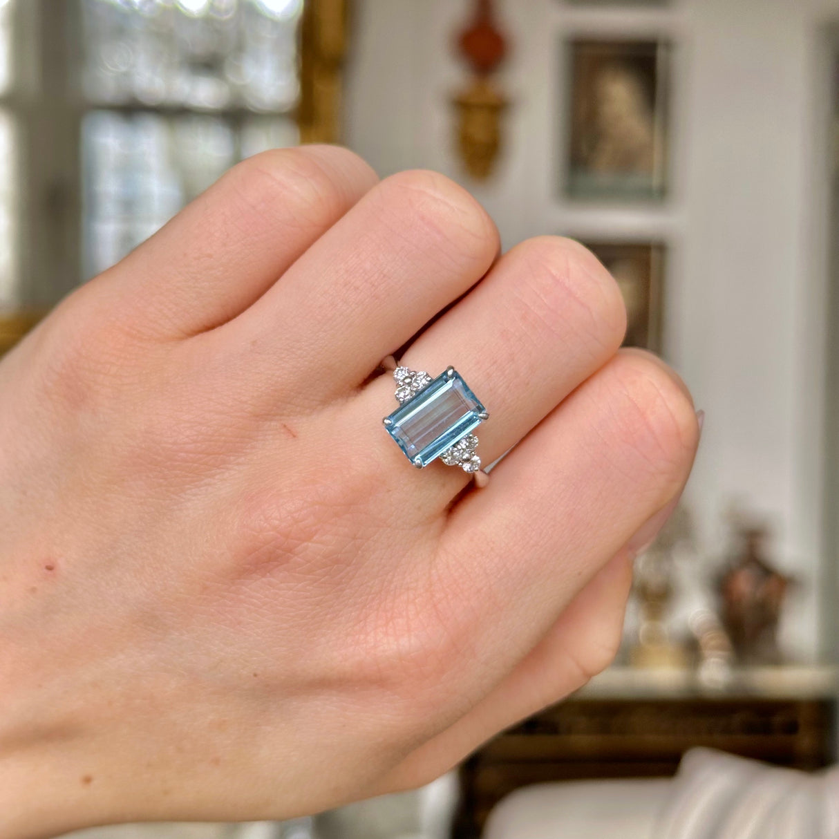 Vintage, Aquamarine and Diamond Ring, 18ct White Gold worn on closed hand