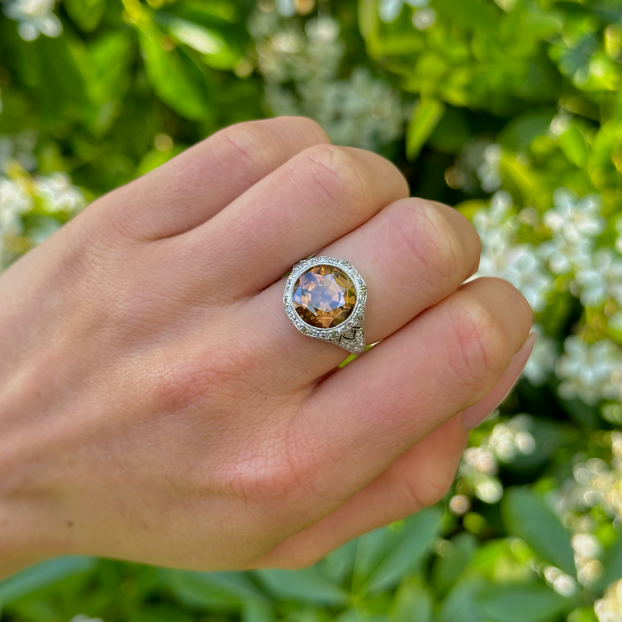 Vintage, Art Deco Brown Zircon and Diamond Ring, Platinum.