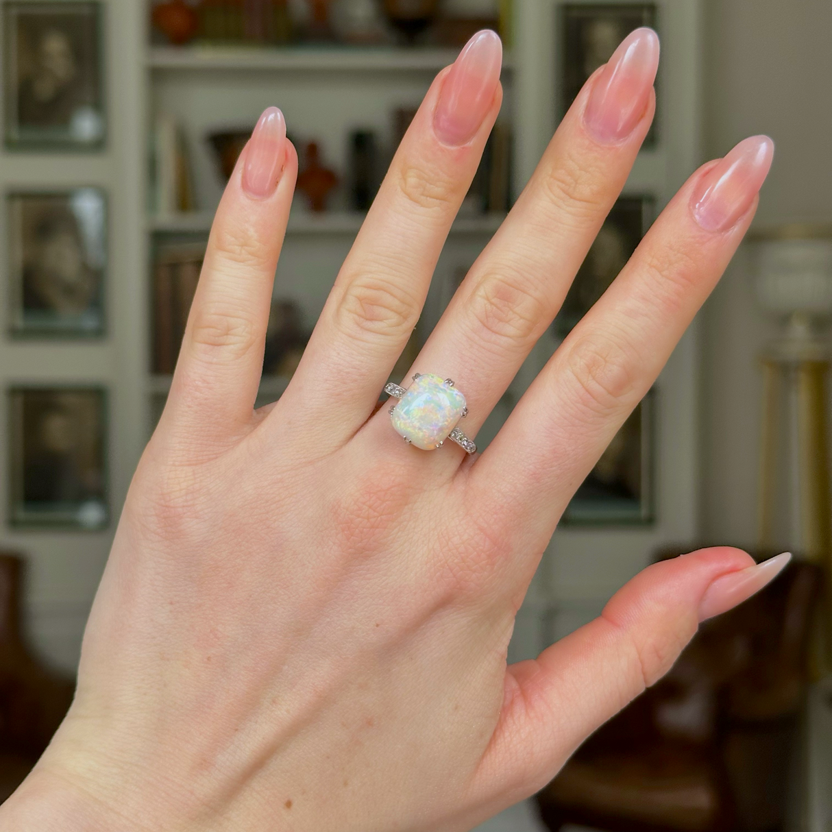 Vintage, Art Deco Cabochon Opal and Diamond Ring, Platinum worn on hand.