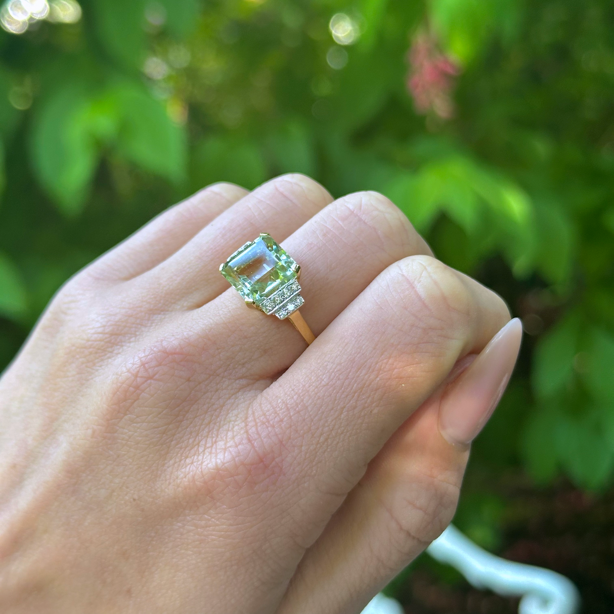 Vintage, Art Deco Green Amethyst, 18ct Yellow Gold worn on hand.