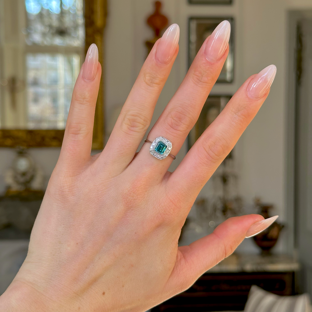 Vintage, Art Deco Natural Zircon and Diamond Cluster Ring, White Gold worn on hand.