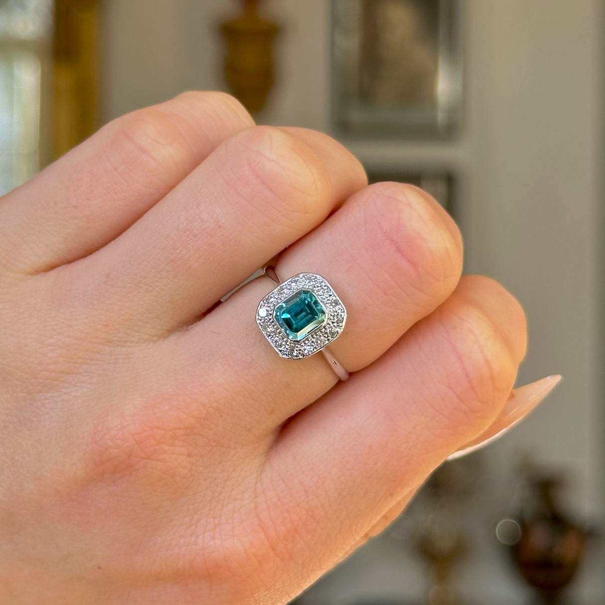 Vintage, Art Deco Natural Zircon and Diamond Cluster Ring, White Gold worn on closed hand.