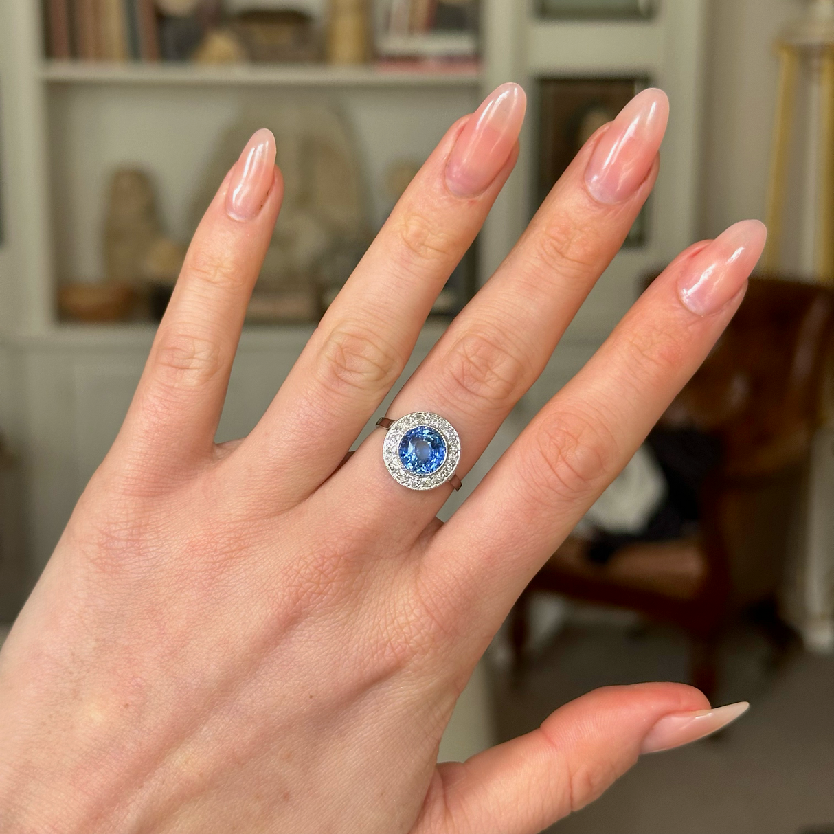 Vintage, Art Deco Sapphire and Diamond Cluster Ring, 18ct White Gold worn on hand.