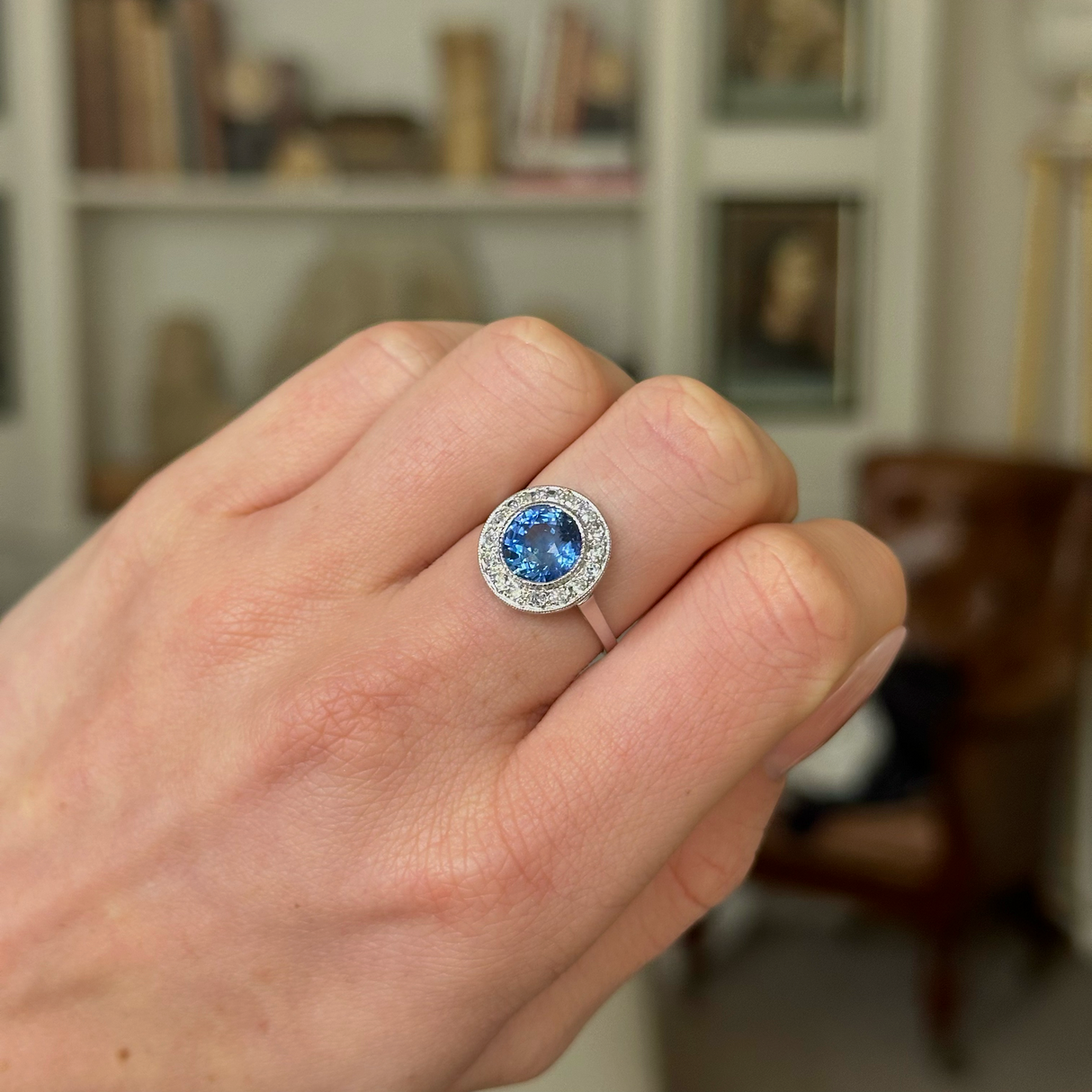 Vintage, Art Deco Sapphire and Diamond Cluster Ring, 18ct White Gold worn on closed hand.