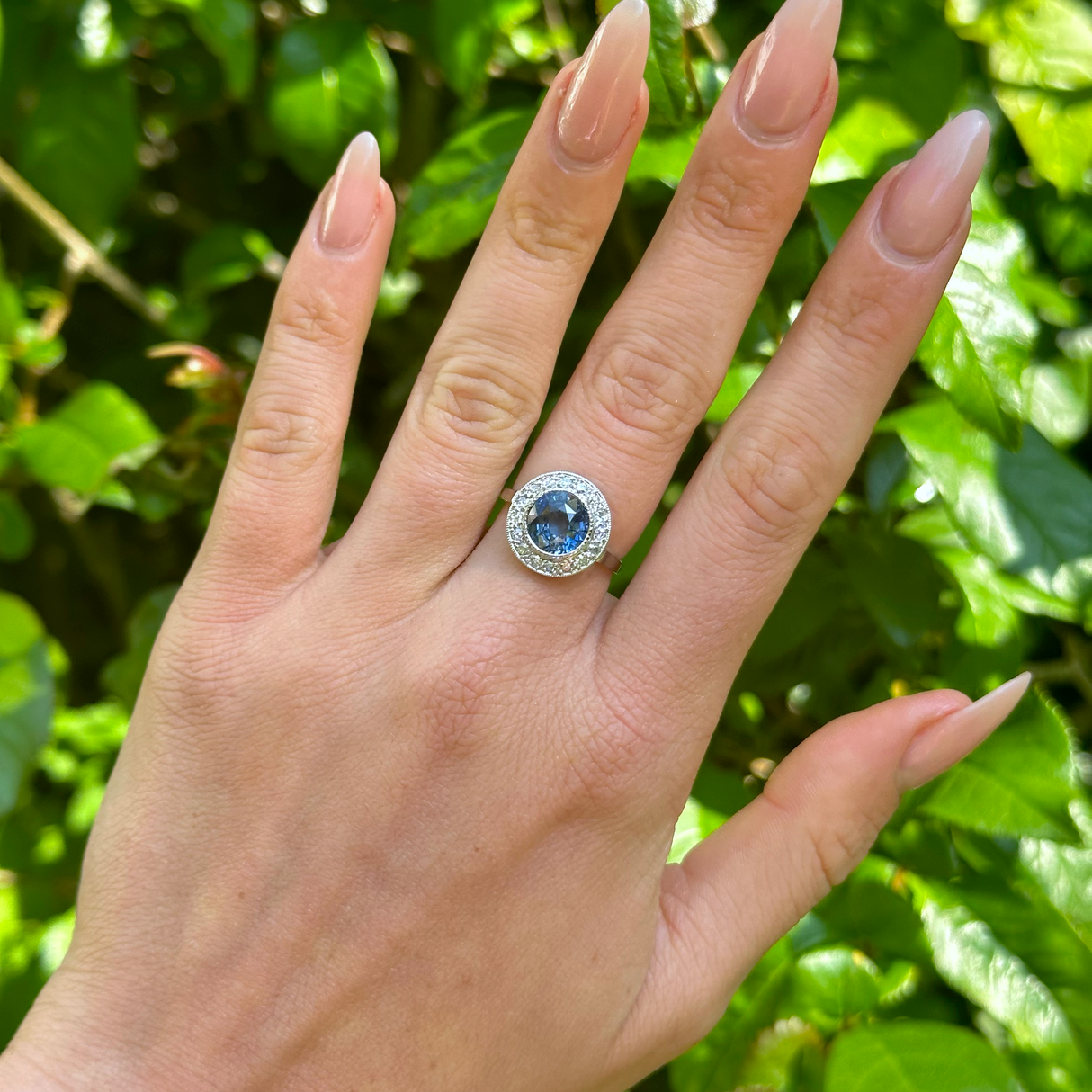 Vintage, Art Deco Sapphire and Diamond Cluster Ring, 18ct White Gold, platinum worn on hand.