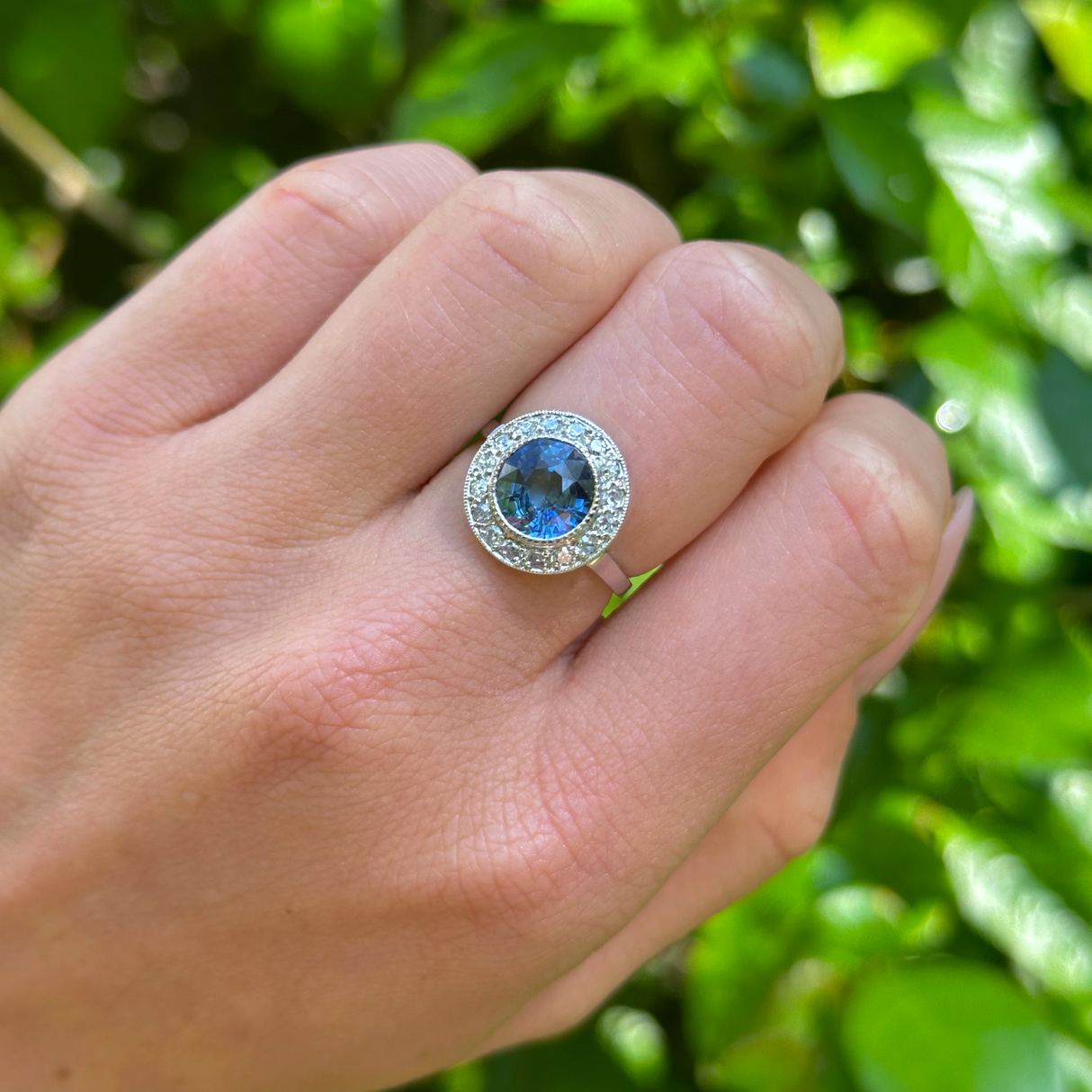 Vintage, Art Deco Sapphire and Diamond Cluster Ring, 18ct White Gold, platinum worn on hand.