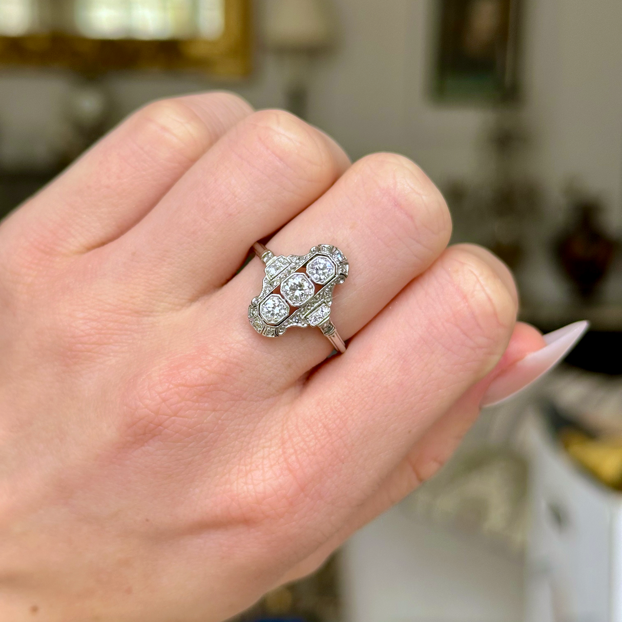 Vintage, Art Deco Three Stone Diamond Panel Ring, 18ct White Gold, worn on closed hand, front view.