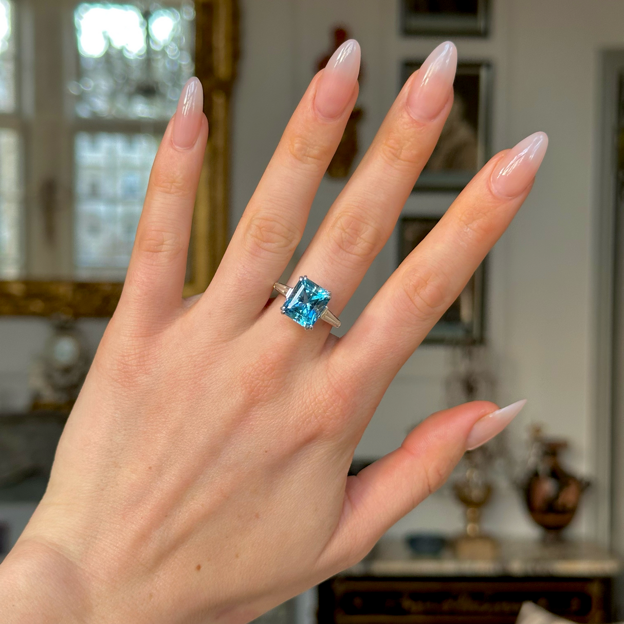 Vintage, Art Deco Topaz and Diamond Ring, Platinum worn on hand.