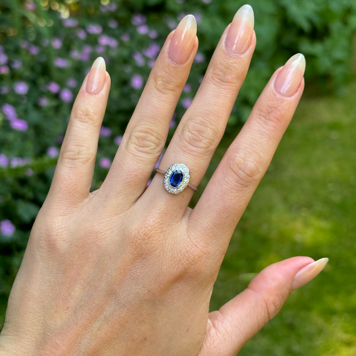 Vintage, Art Deco sapphire & diamond cluster ring, 18ct white gold & platinum