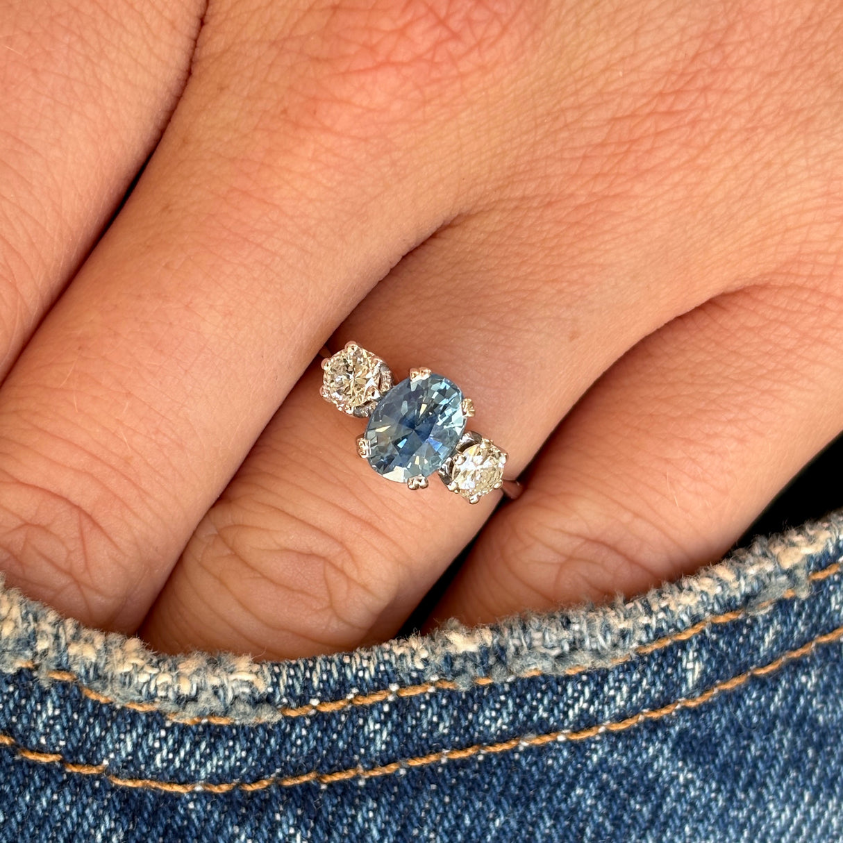 Vintage, Art Deco sapphire & diamond three-stone ring, 18ct white gold worn on hand.
