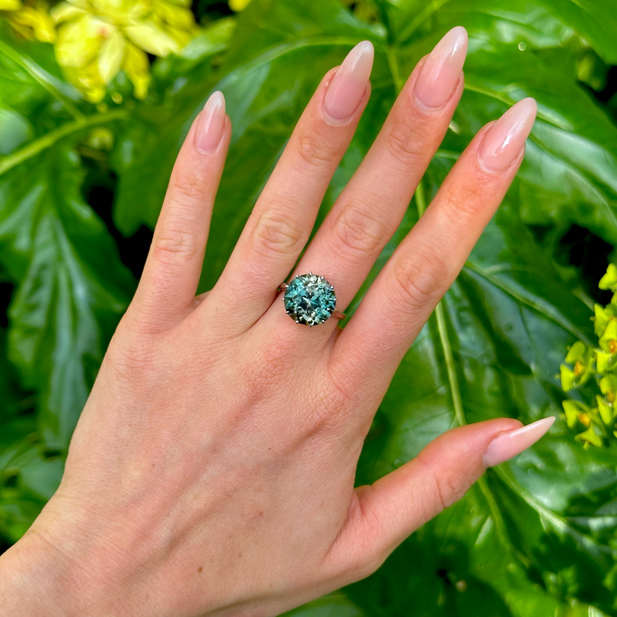 Vintage, Blue Zircon and Diamond Cocktail Ring, 18ct White Gold worn on hand.