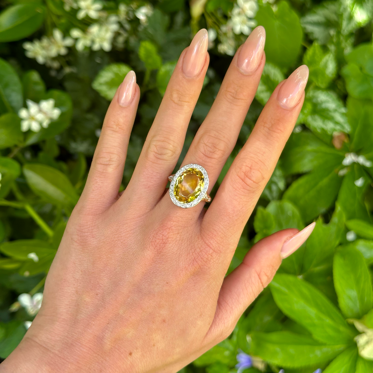 Vintage, Citrine and Diamond Cluster Ring, 18ct Yellow Gold and Platinum worn on hand