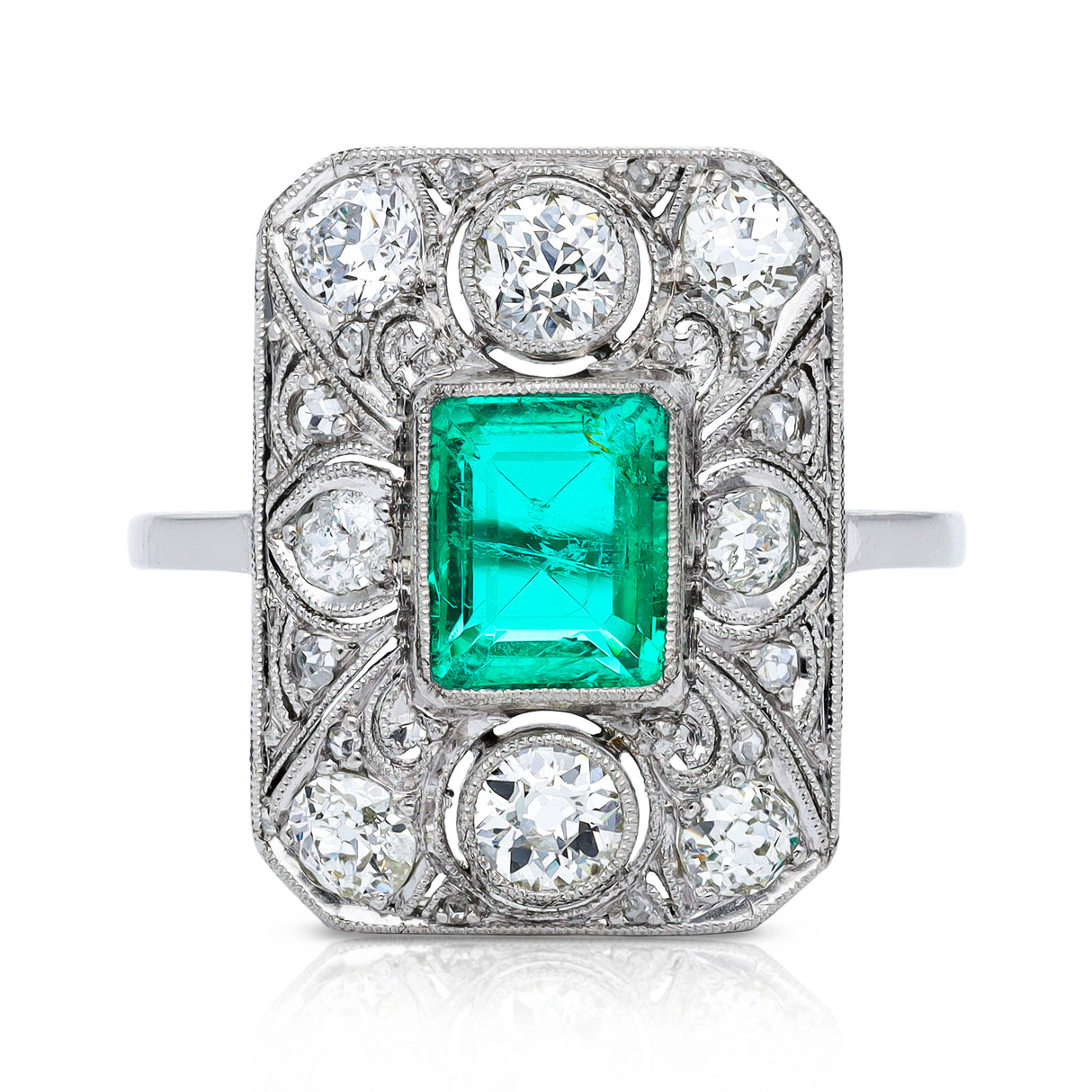Art Deco emerald and diamond panel ring, front view.