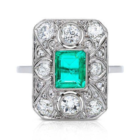 Art Deco emerald and diamond panel ring, front view. 
