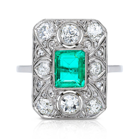 Art Deco emerald and diamond panel ring, front view.