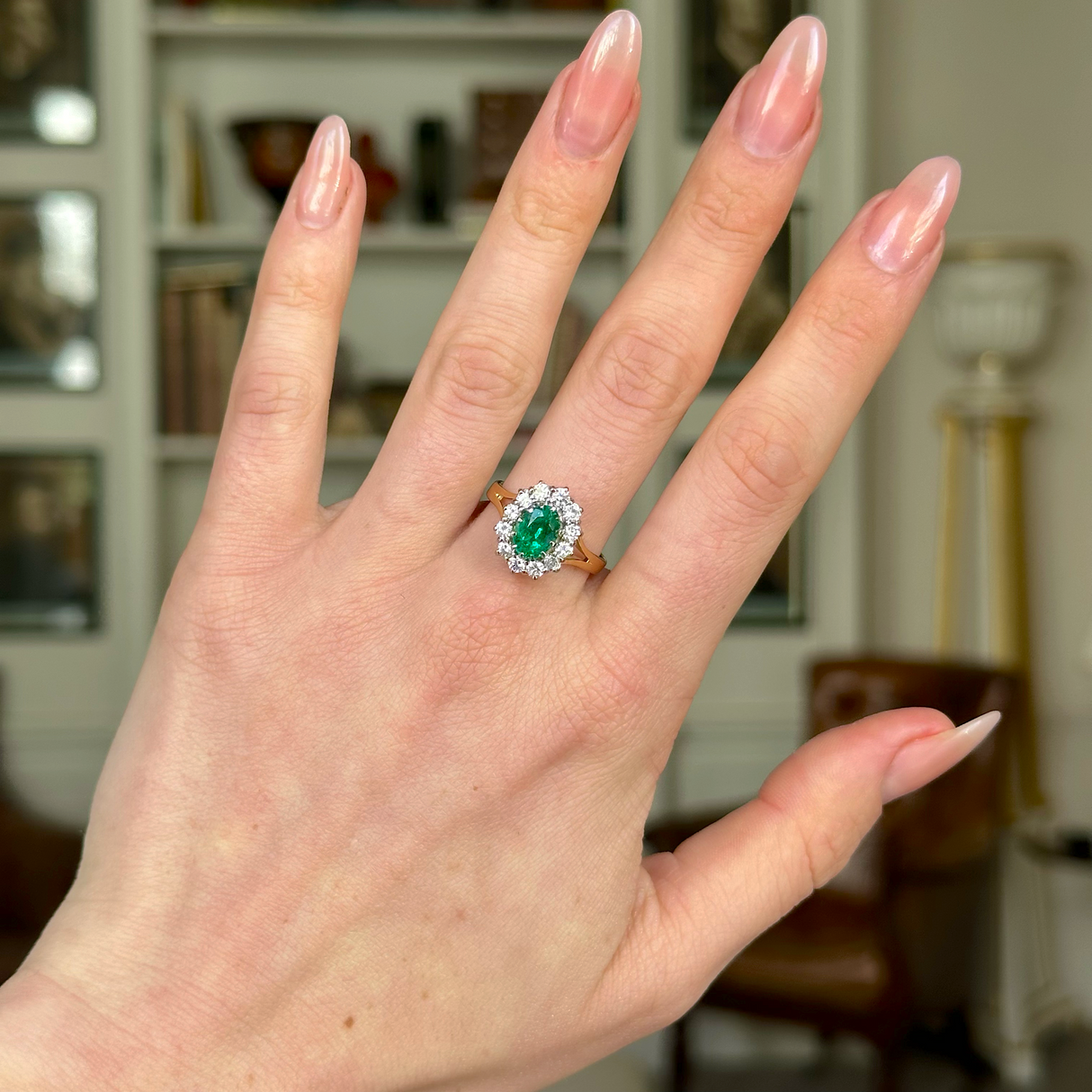 Vintage, Emerald and Diamond Cluster Ring, 18ct Yellow Gold & Platinum worn on hand.