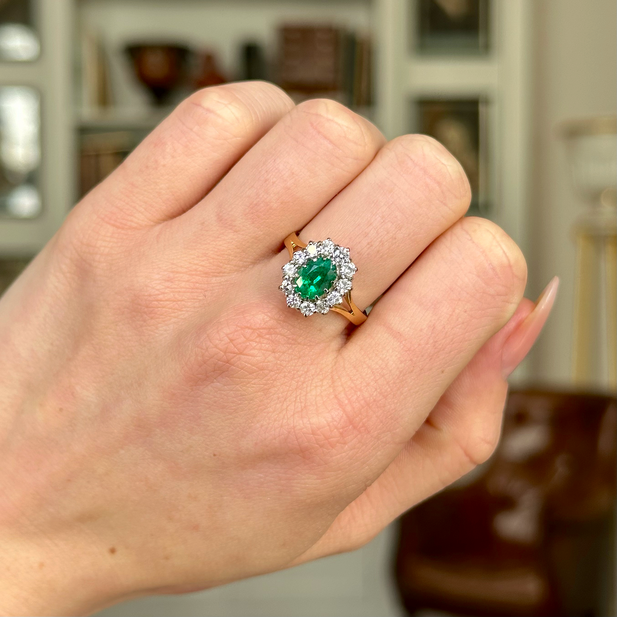 Vintage, Emerald and Diamond Cluster Ring, 18ct Yellow Gold & Platinum worn on closed hand.