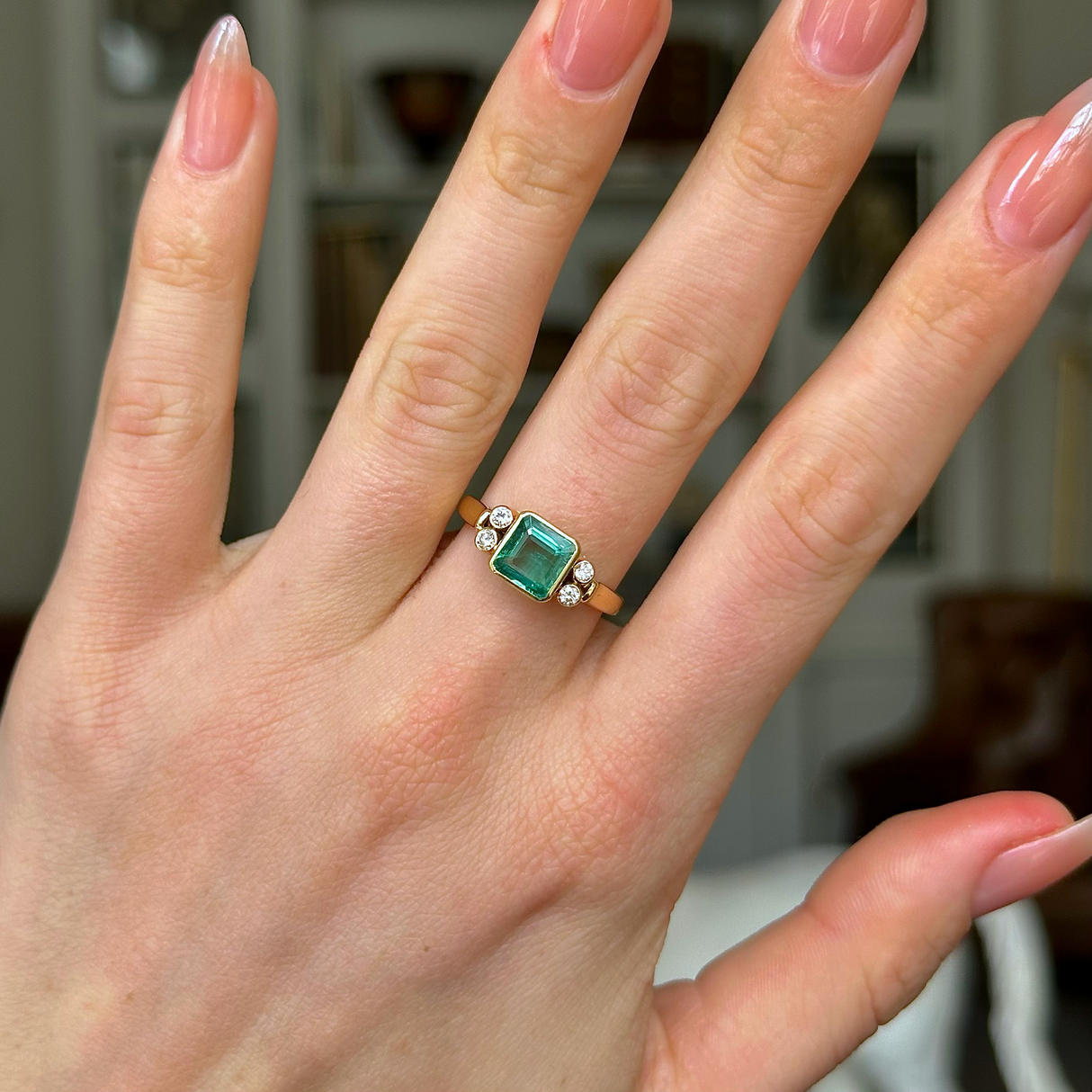 Vintage, Emerald and Diamond Ring, 18ct Yellow Gold worn on hand.