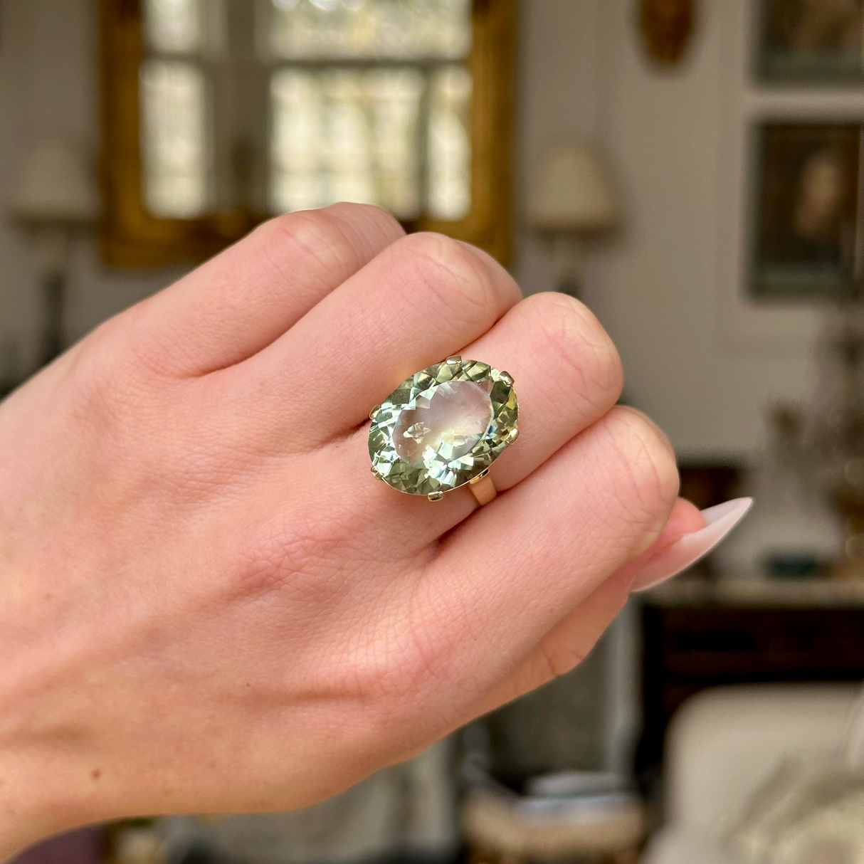 Vintage, Mint Quartz Cocktail Ring, worn on closed hand.
