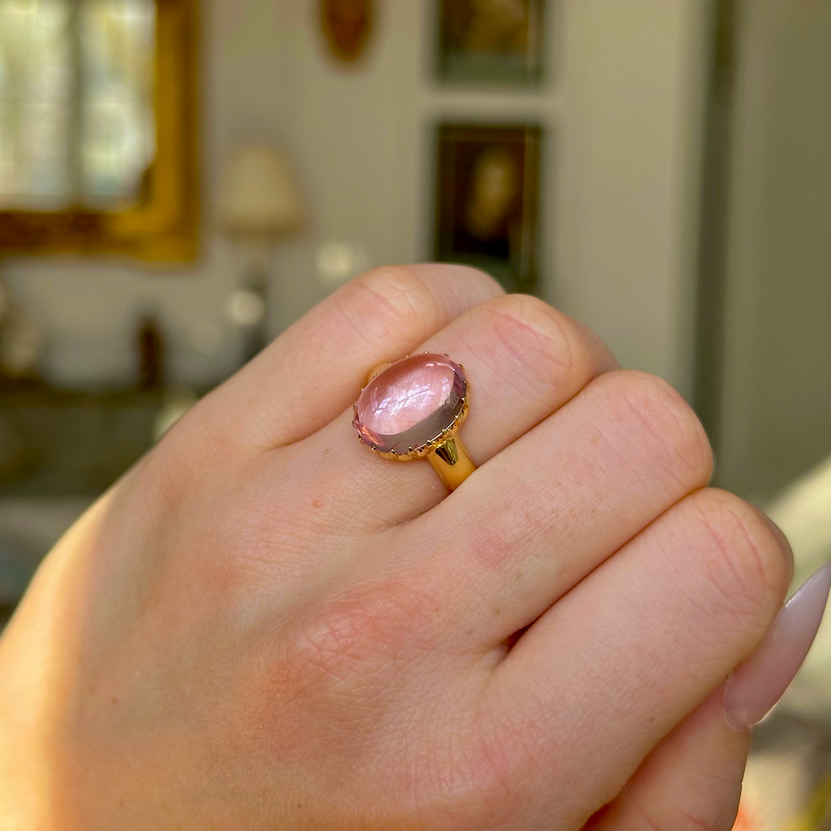 Vintage, Pale Pink Cabochon Topaz Ring, 18ct Yellow Gold worn on closed hand.