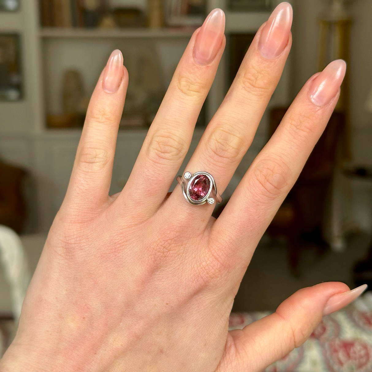 Vintage, Pink Tourmaline and Diamond Ring, 18ct White Gold worn on hand.