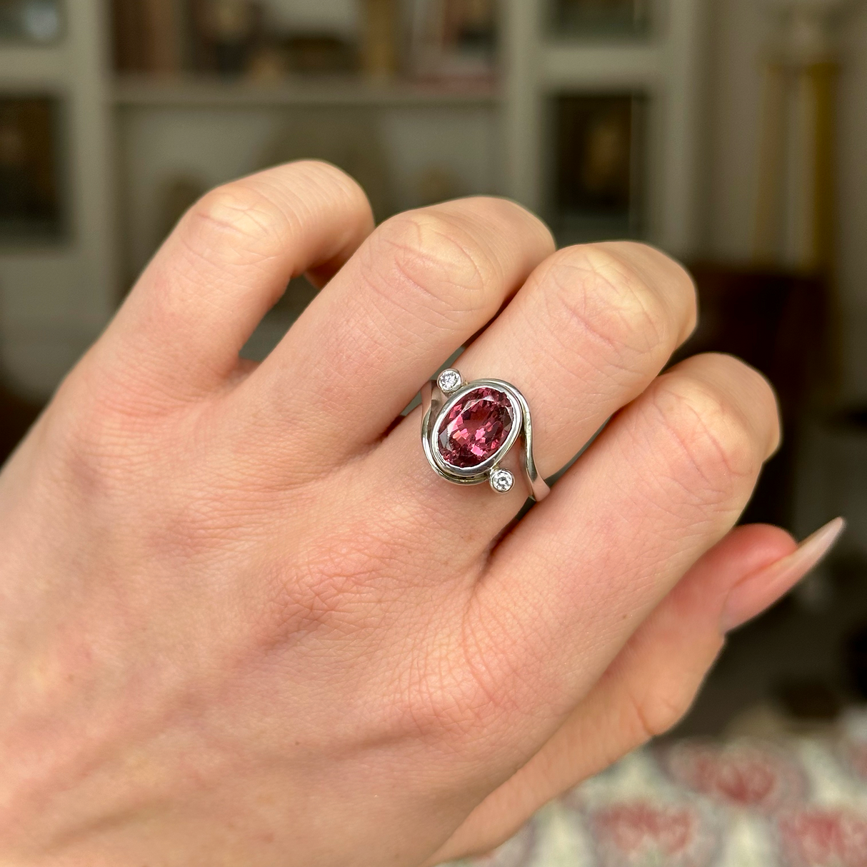 Vintage, Pink Tourmaline and Diamond Ring, 18ct White Gold worn on closed hand.