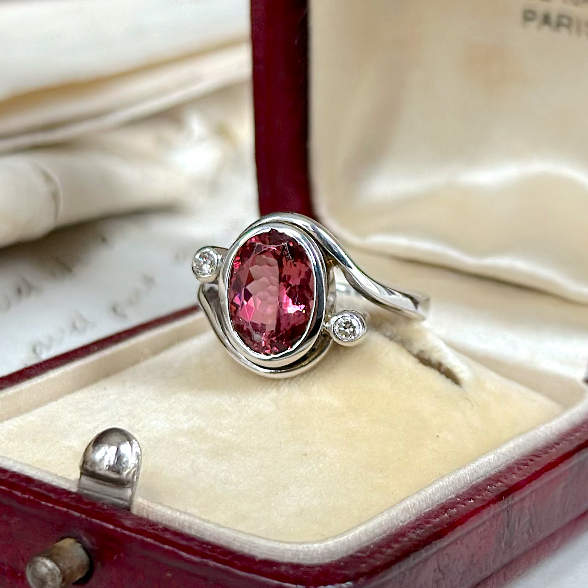 Vintage, Pink Tourmaline and Diamond Ring, 18ct White Gold front view in box.