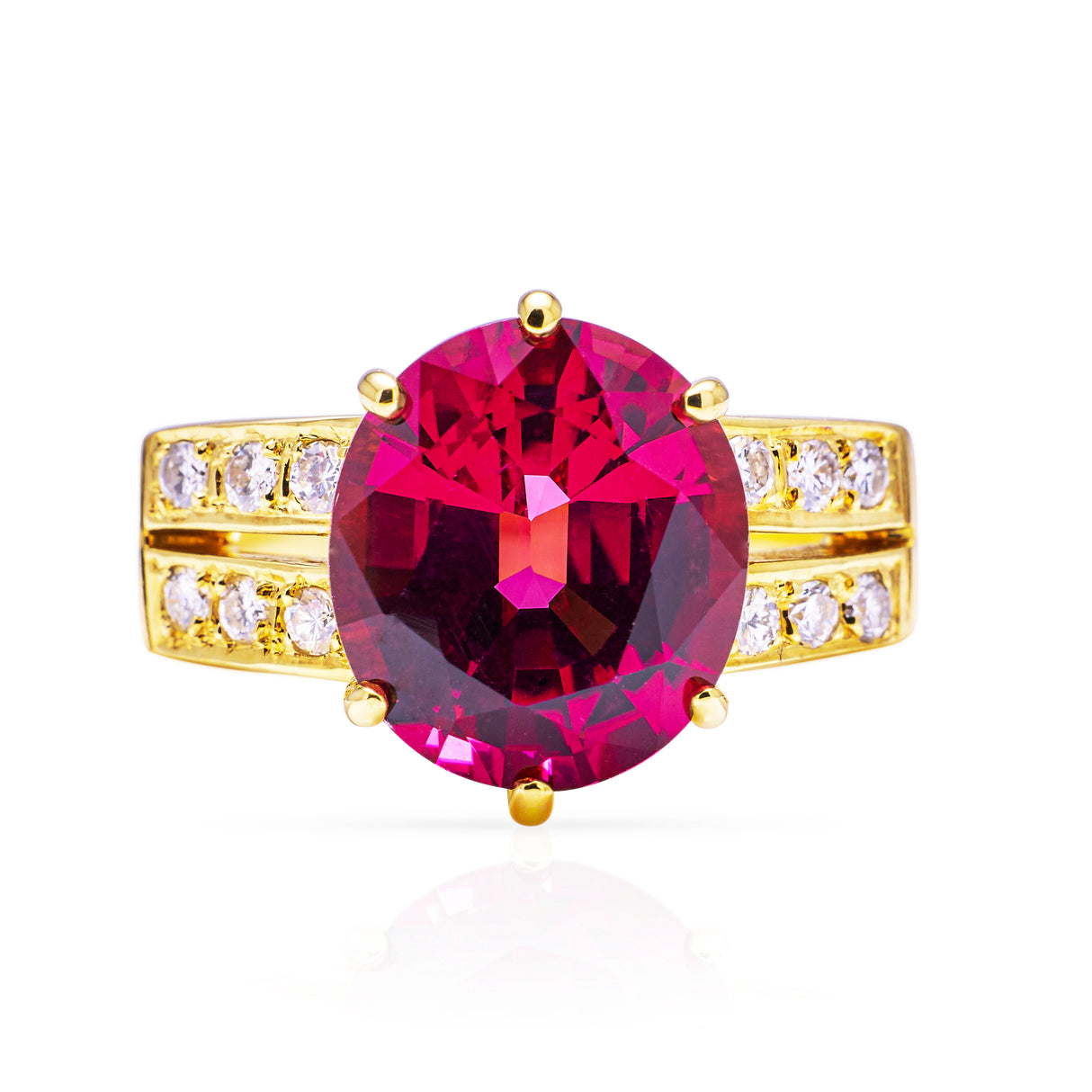 Red tourmaline and diamond cocktail ring, front view.