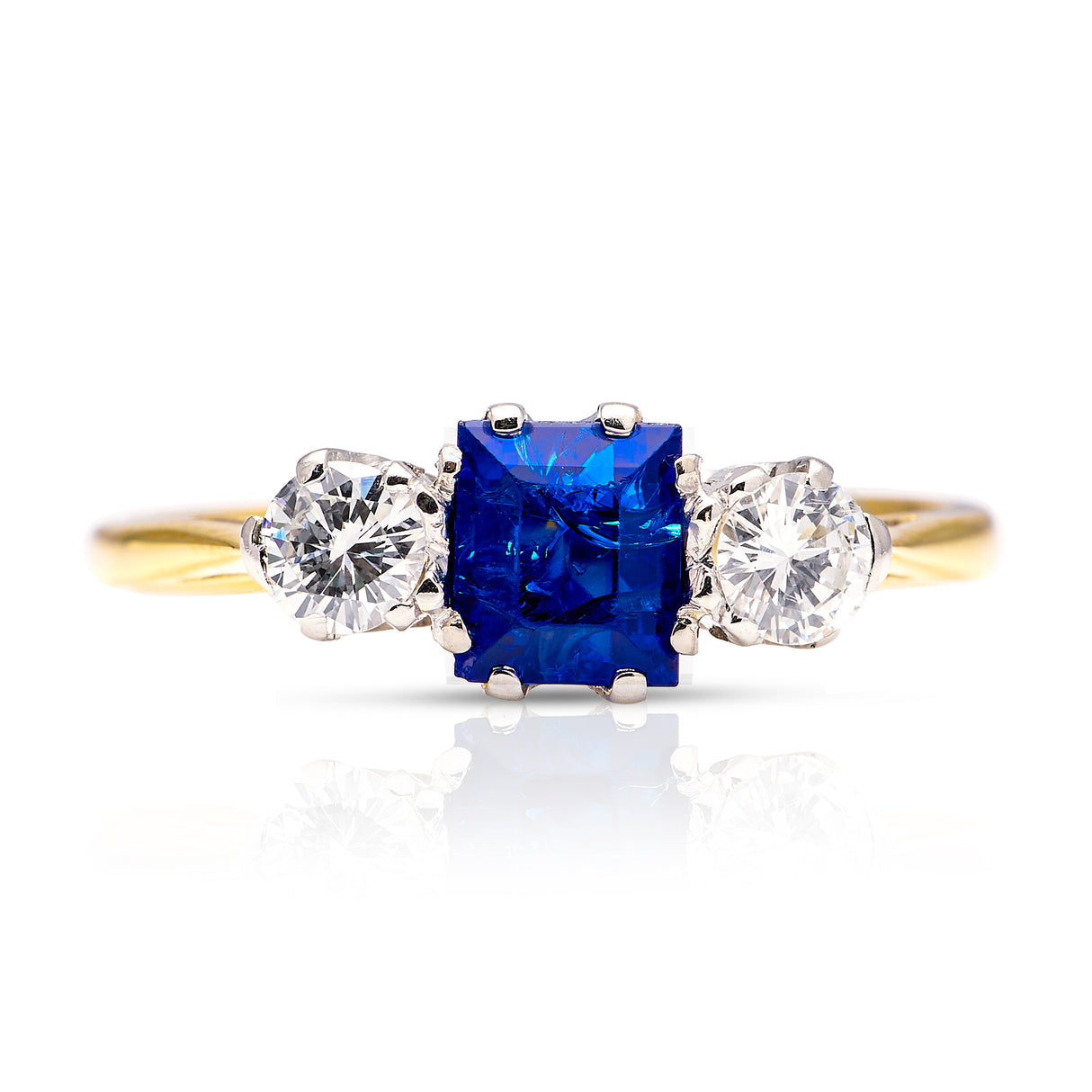 Antique, Edwardian Sapphire and Diamond Three-Stone Engagement Ring, 18ct Yellow Gold and Platinum